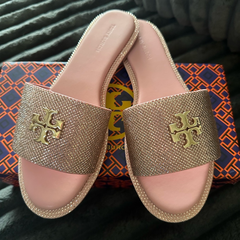 Tory Burch Pink and Gold Slide Sandals